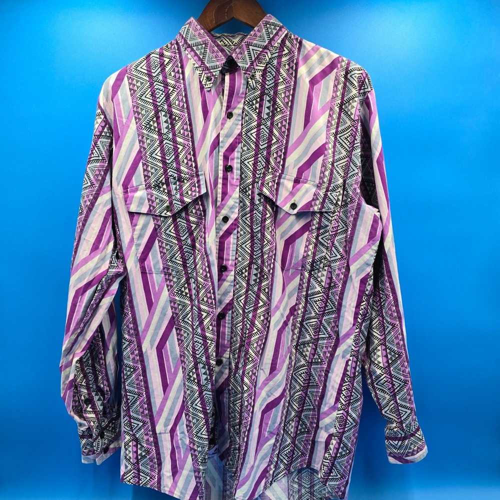 Vintage Roper Mens L Southwestern Western Button Down Shirt Purple Geometric USA